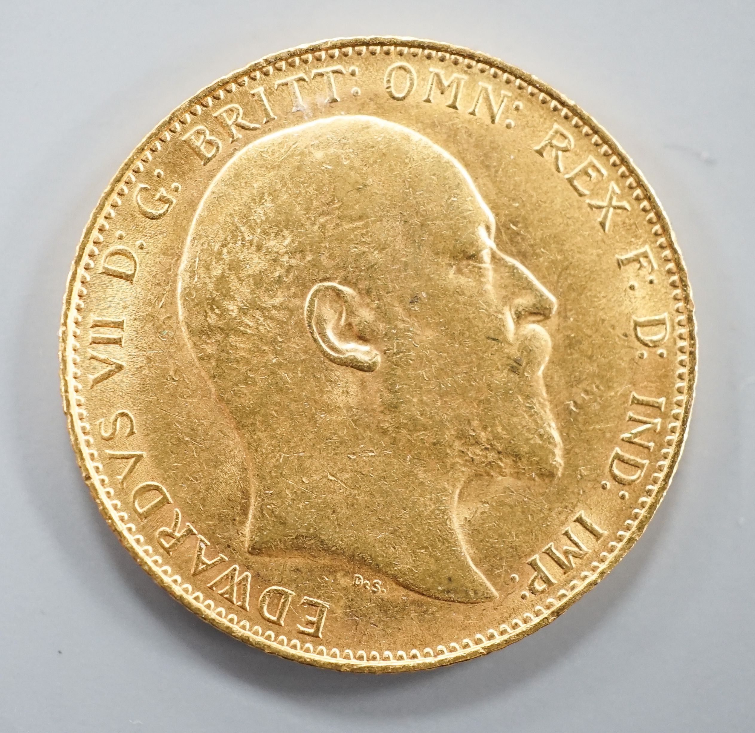 An Edward VII 1908 gold sovereign.